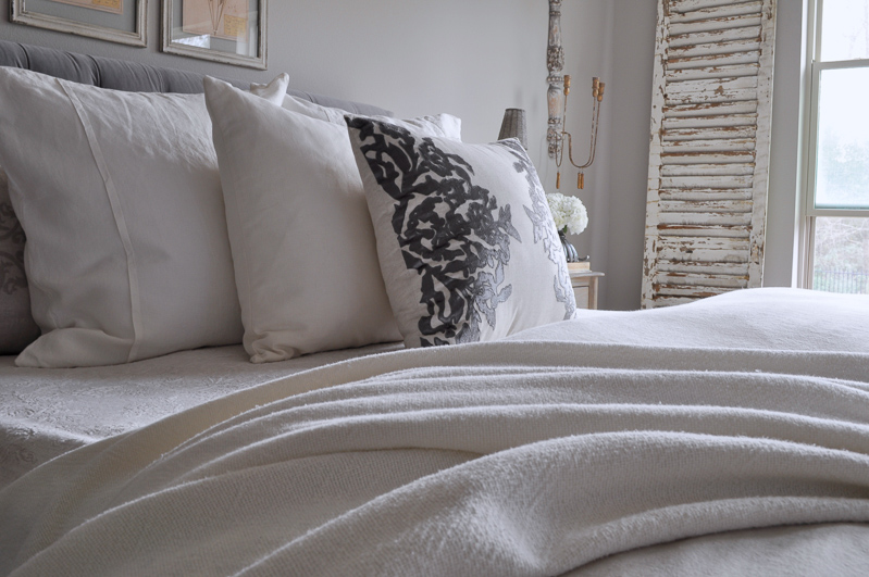 Bedroom Bed with Tufted Headboard, Linen Bedding, Antique Shutte