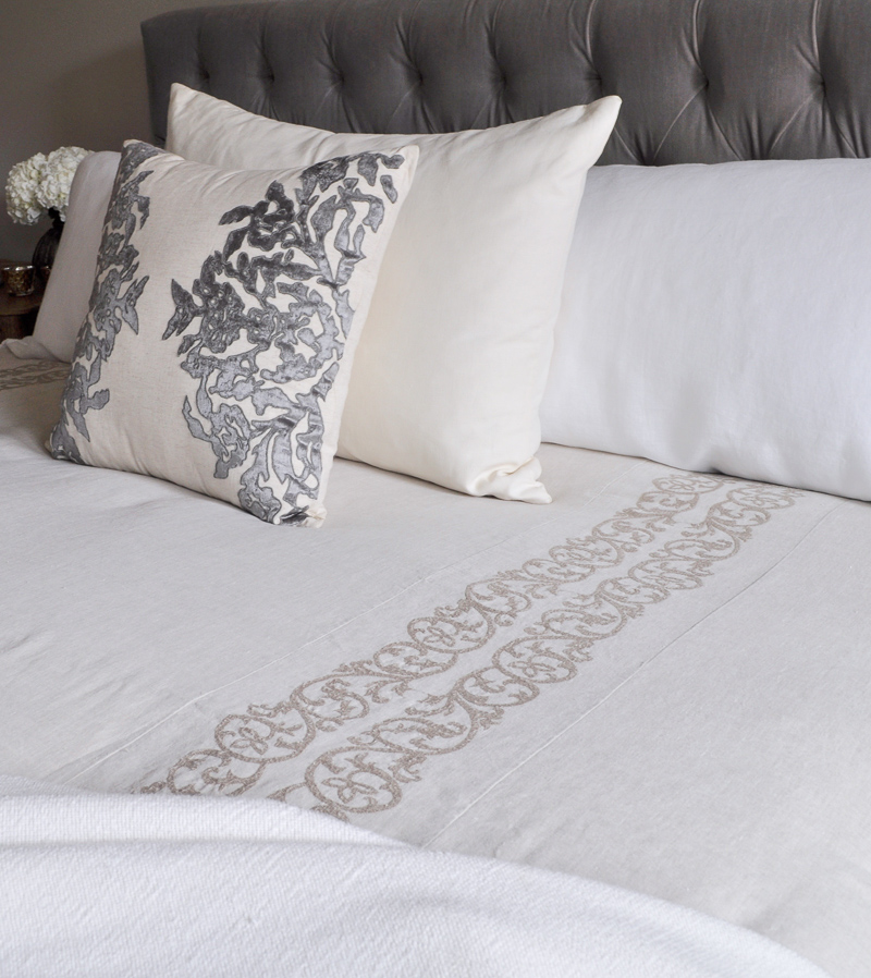 Bedroom Bed with Tufted Headboard, Linen Bedding, Gray and White