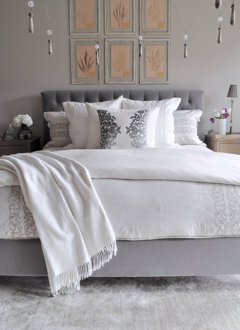 Bedroom Bed with Tufted Headboard, Linen Bedding, Gray and White