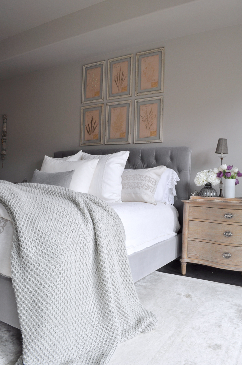 Bedroom Bed with Tufted Headboard, Linen Bedding, Restoration Ha