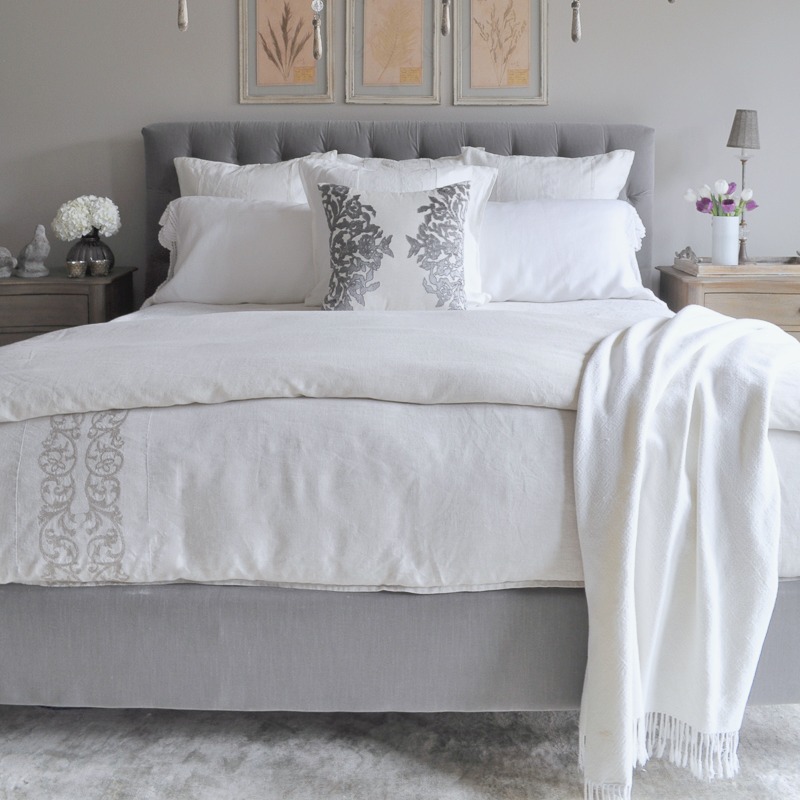 Bedroom Gray Tufted Headboard, White Throw Blanket, Linen Bedding