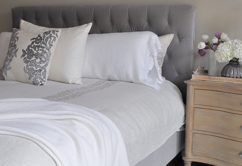 Bedroom Restoration Hardware Bed and Bedside Table, Tufted Headb