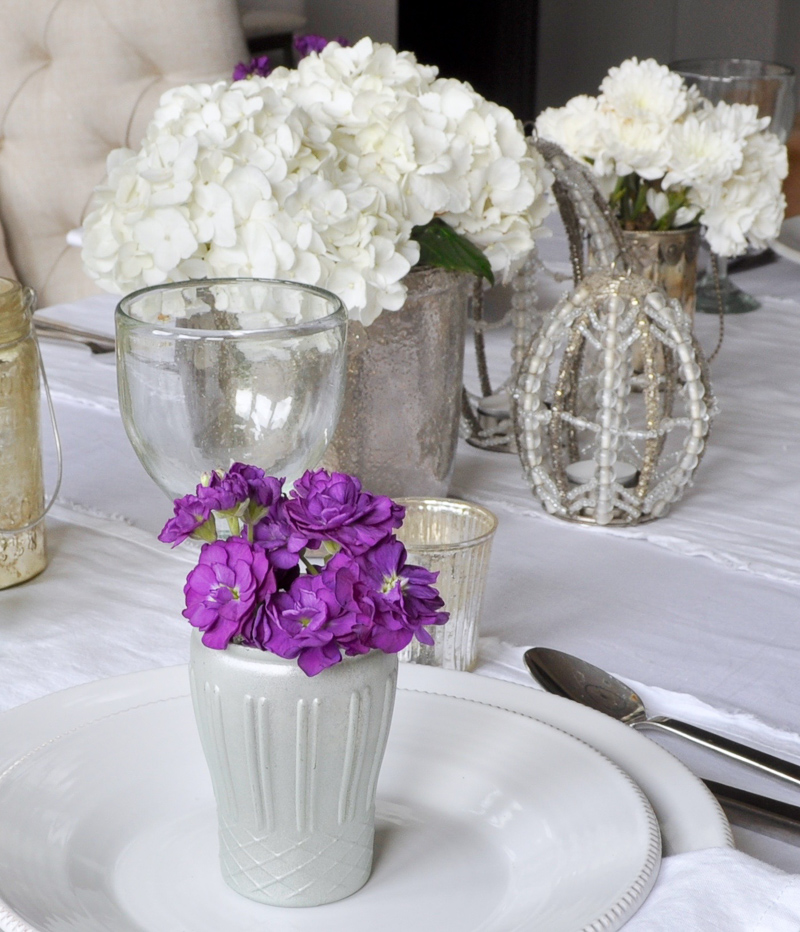 Easter Place Setting Floral Tablescape Dining Room White and Pur