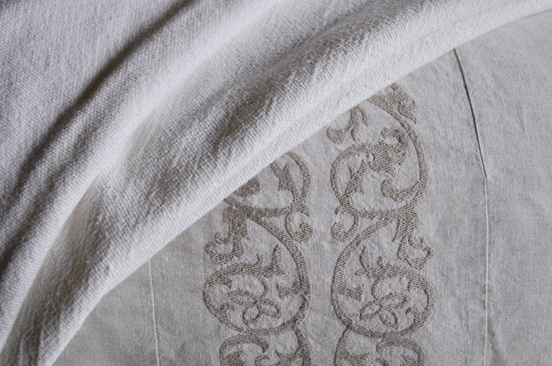 Linen Bedding Details, Pom Pom at Home Bedding, Embroidered Desi