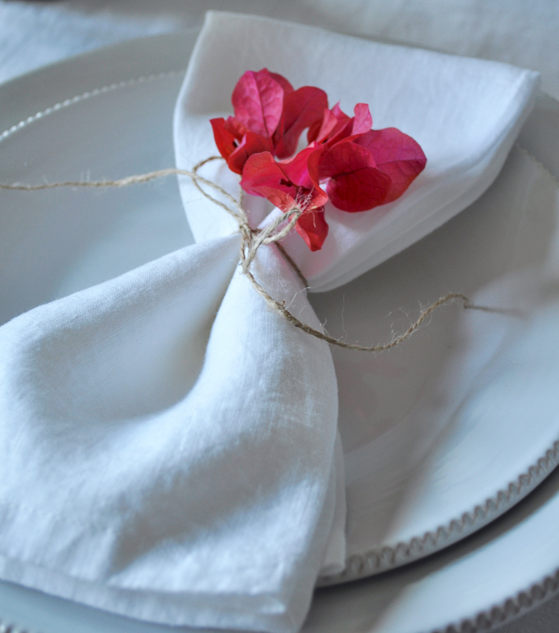 Place Setting with Flowers Tablescape Bougainvillea White Linen