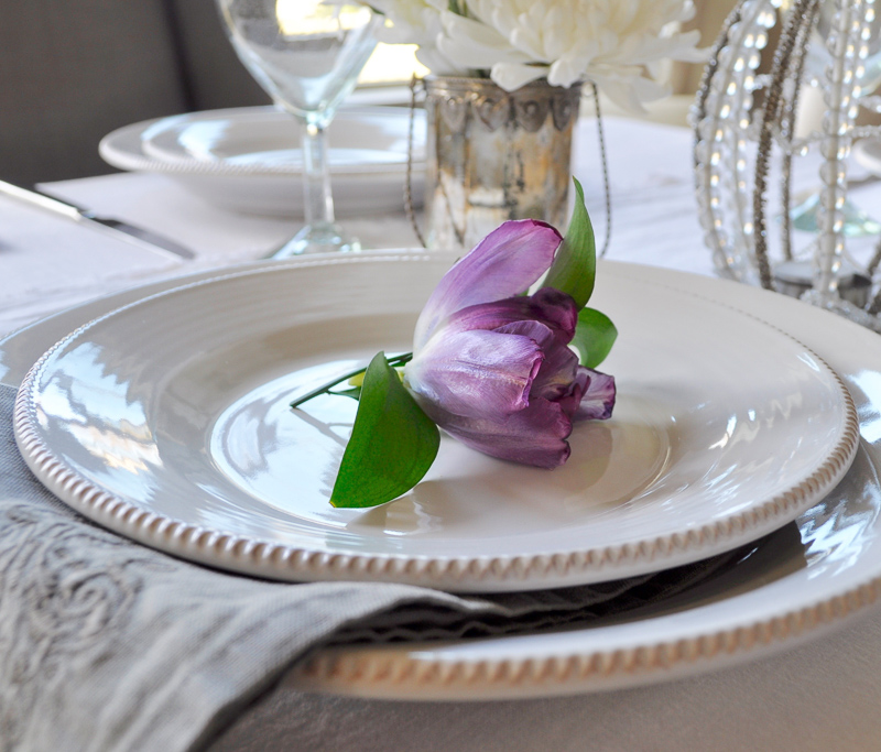 Place Setting with Flowers Tablescape Dining Room Gray Napkin wi