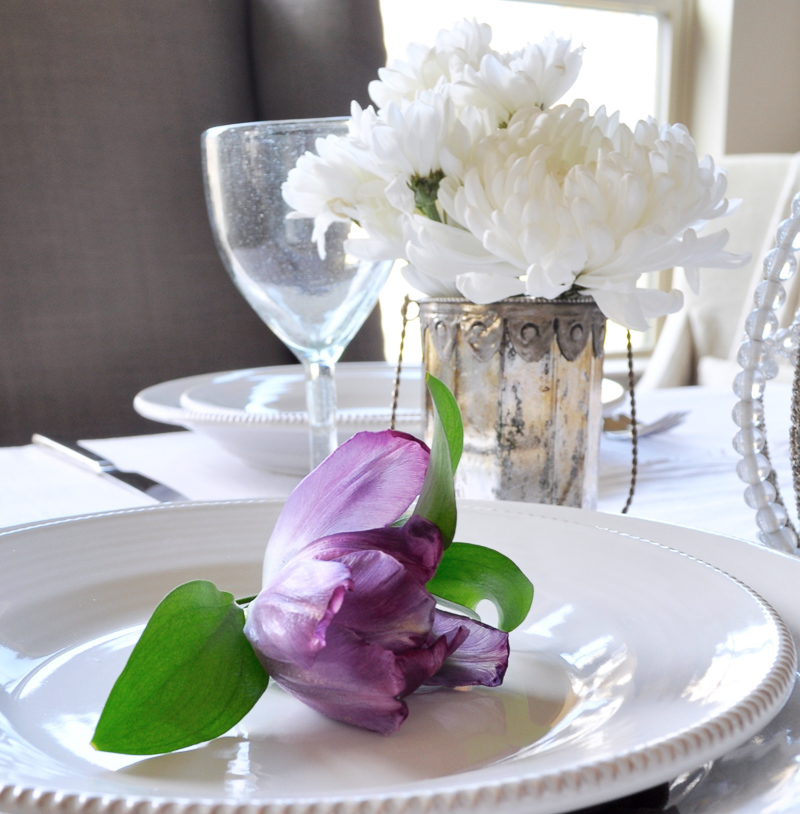 Place Setting with Flowers Tablescape Dining Room White and Purp