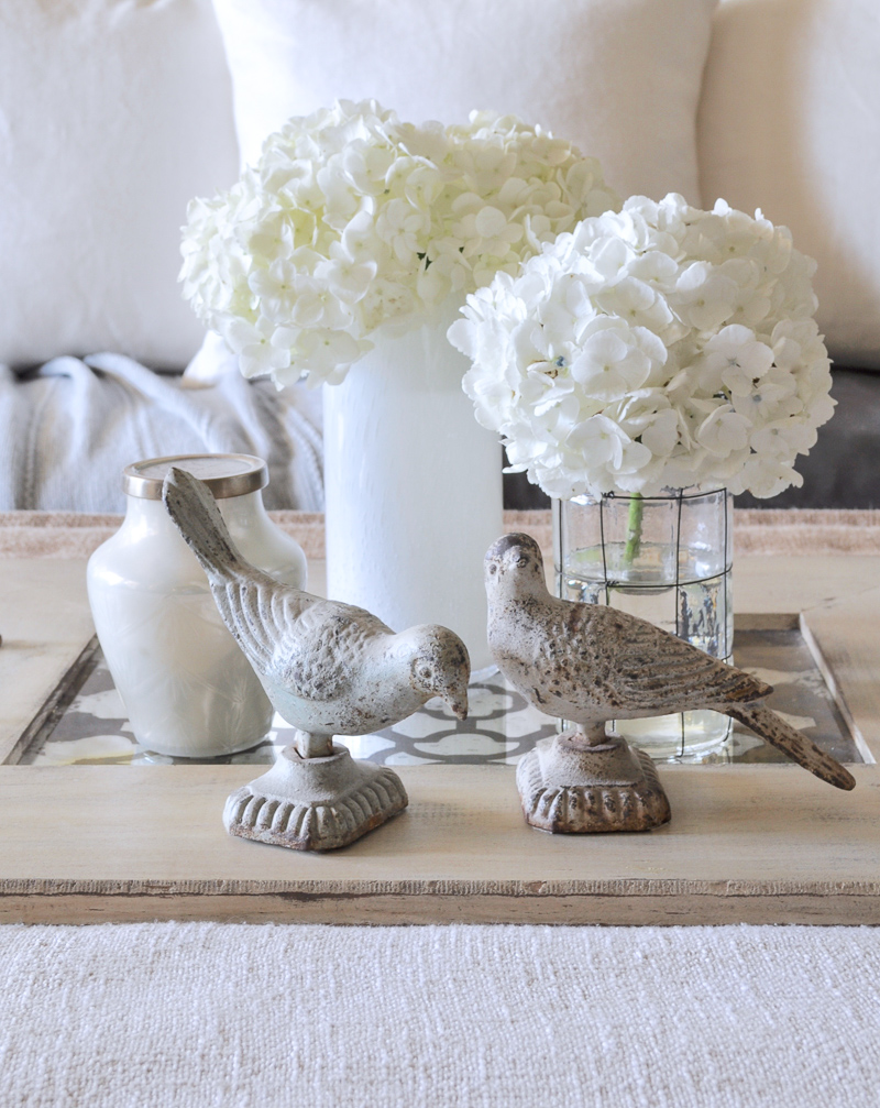 Coffee Table Vignette with Hydangeas Birds and Tray White Linen