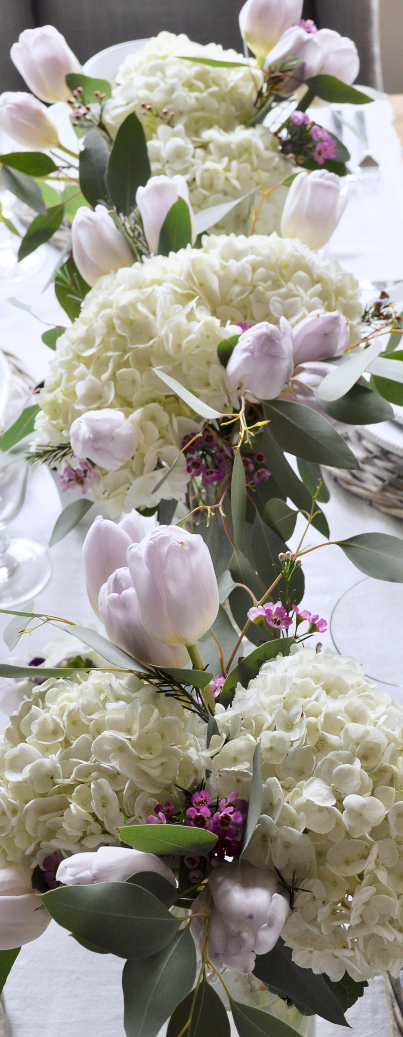 Easter Centerpiece with Tulips Hydrangeas and Eucalyptus