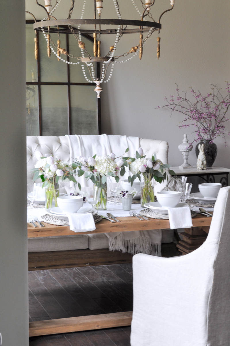 Easter Dining Room Table Decor with White Hydrangeas and Tulips