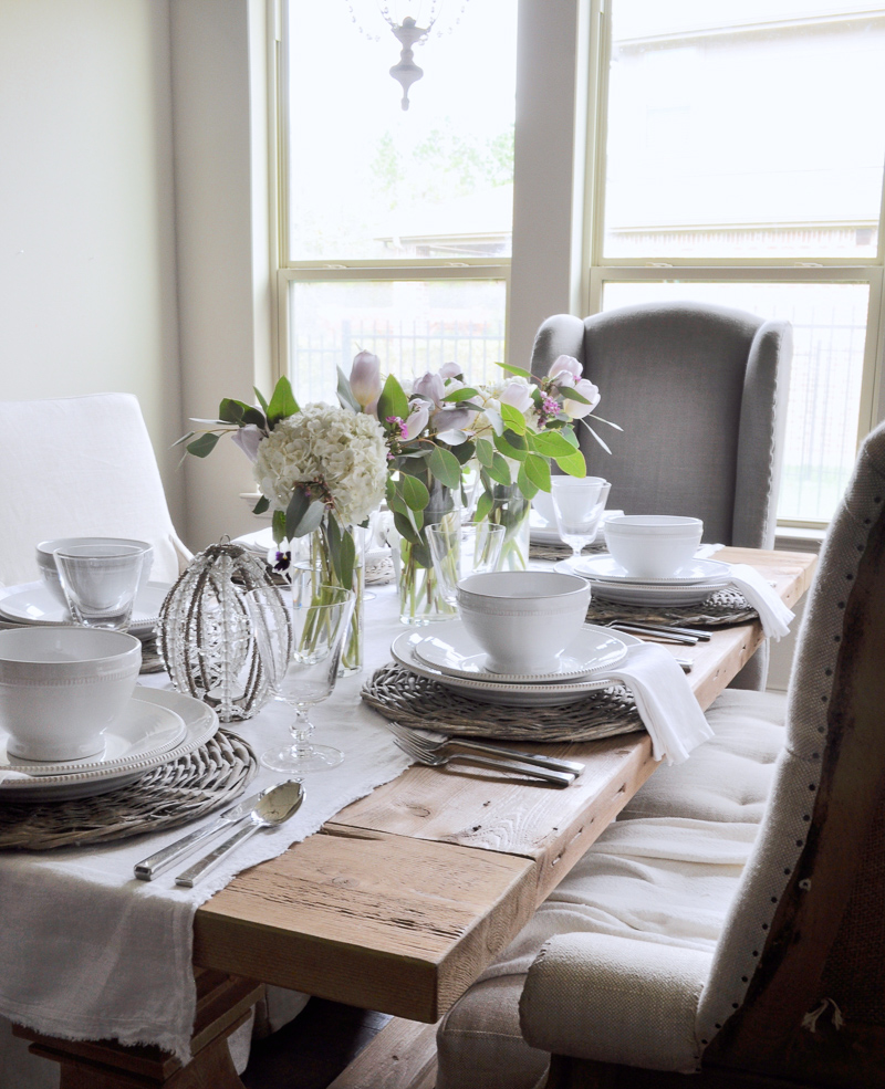 Easter Dinner Table Decor with White Hydrangeas and Tulips Beade