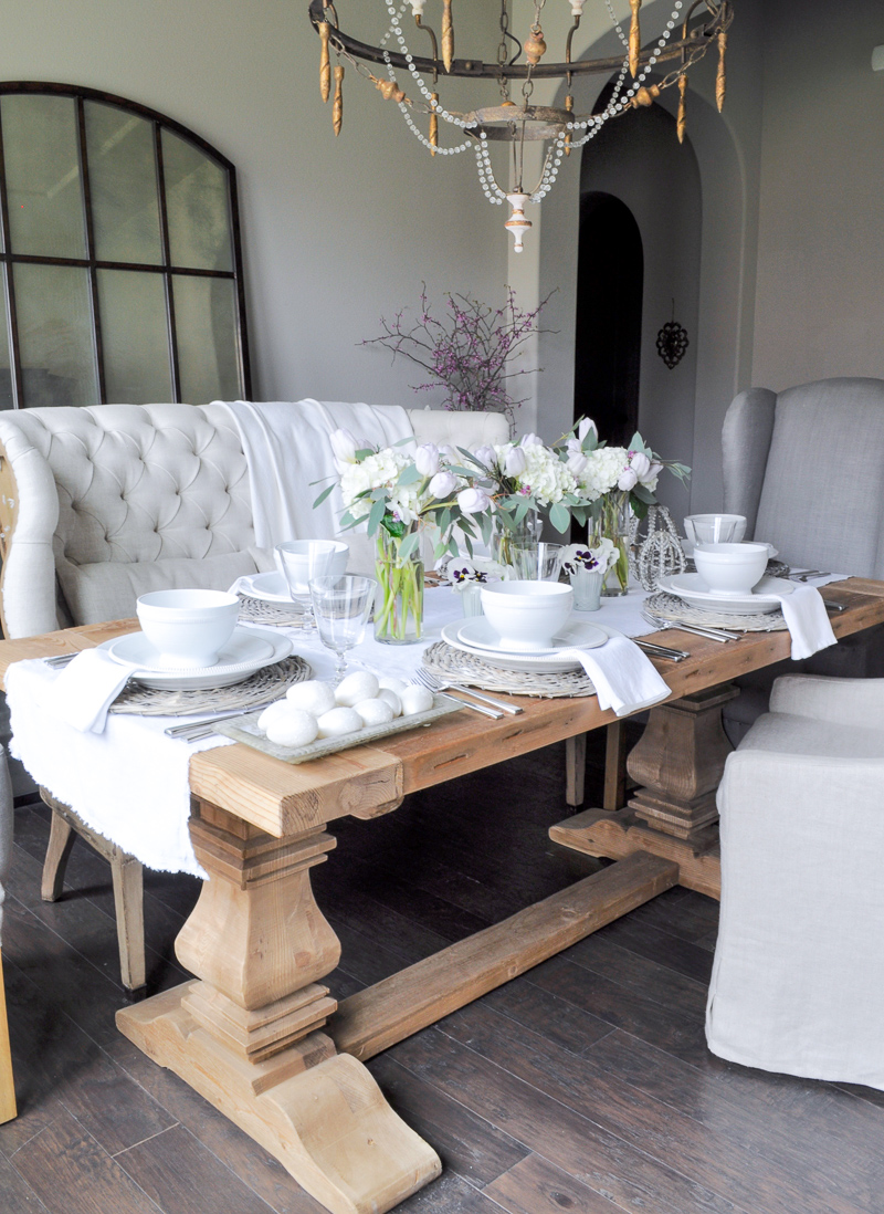 Easter Easter Table Decor with White Hydrangeas and Tulips Cente