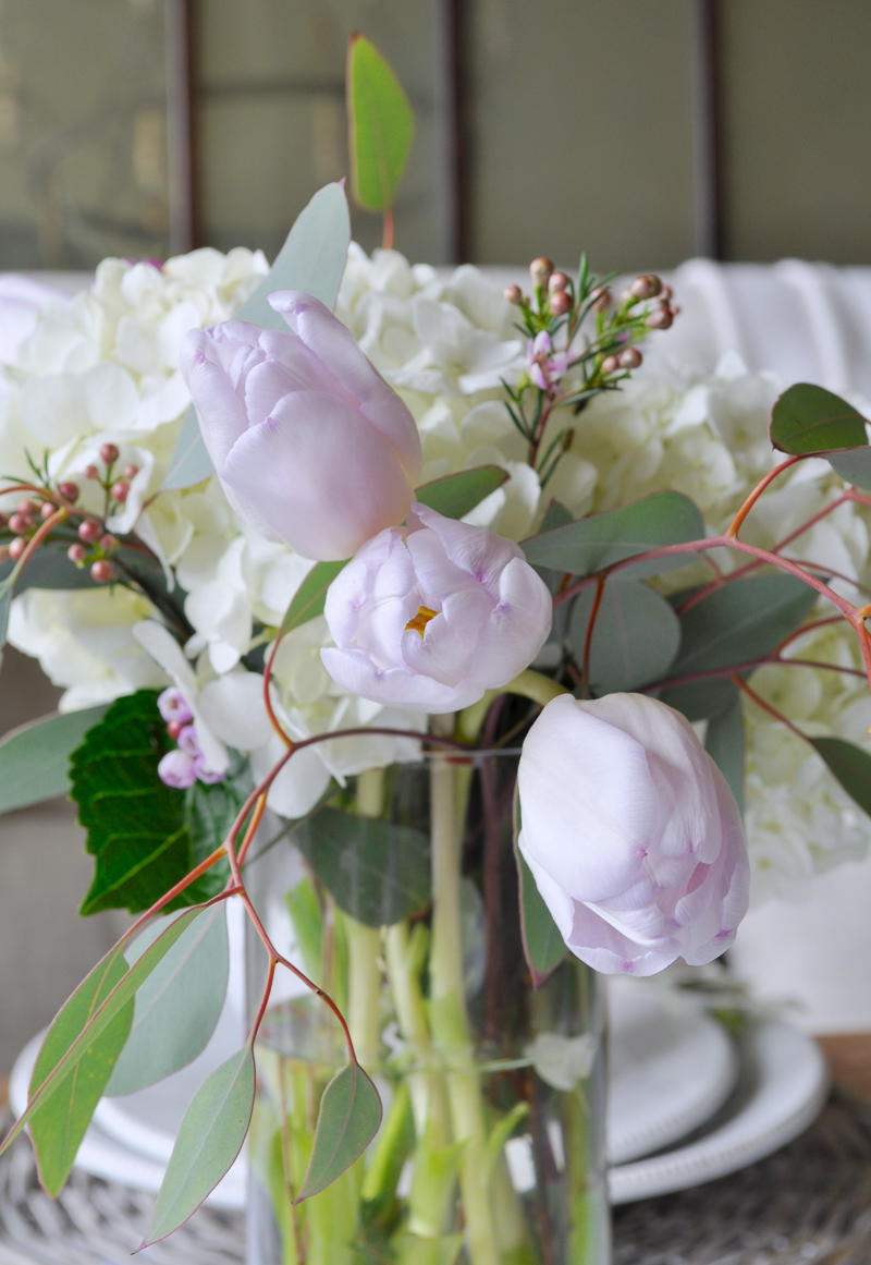 Easter Table Decor with White Hydrangeas and Tulips Centerpiece