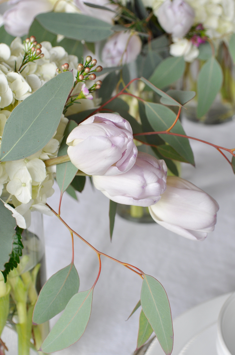 Easter Table Decor with White Hydrangeas and Tulips Centerpiece