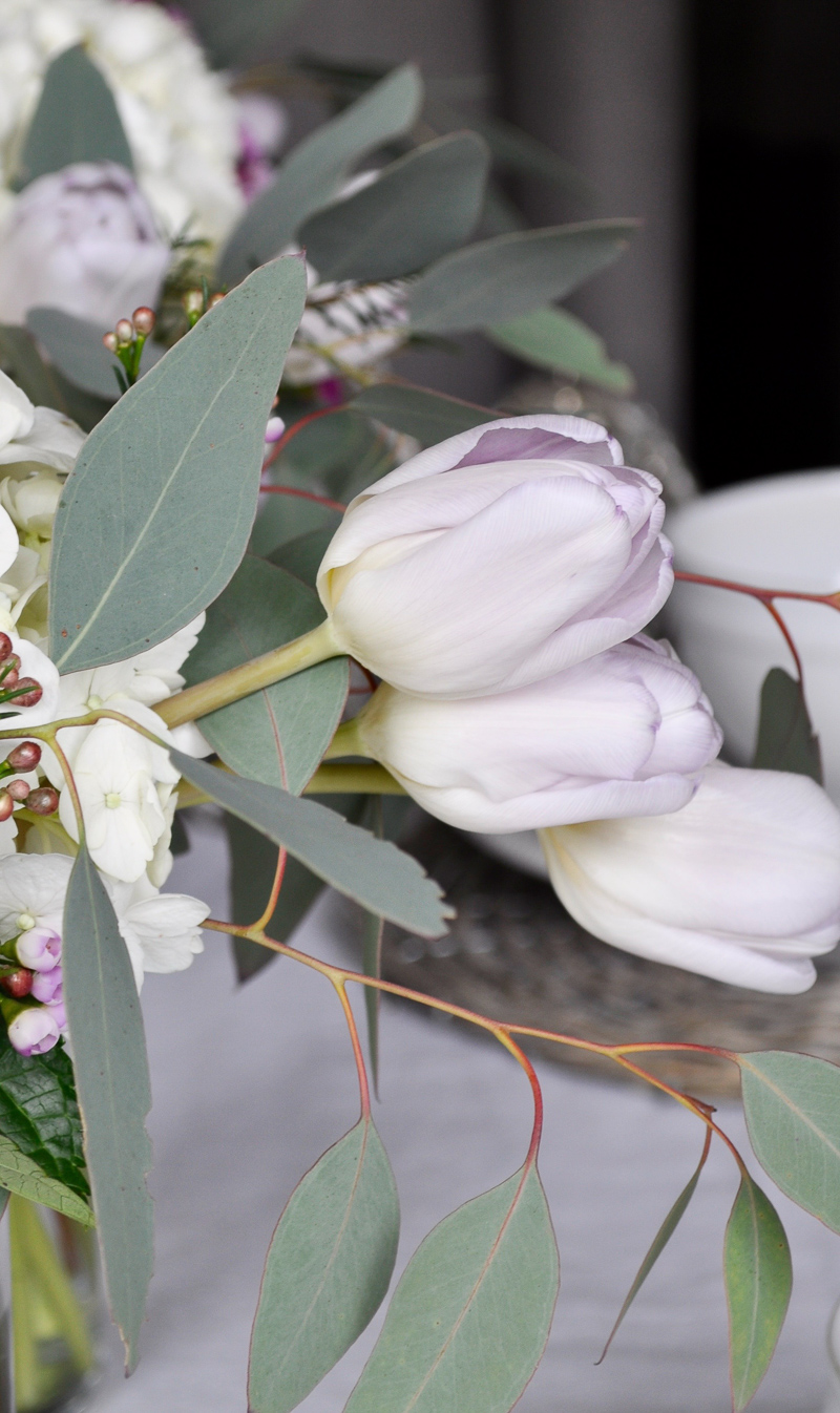 Easter Table Decor with White Hydrangeas and Tulips Centerpiece