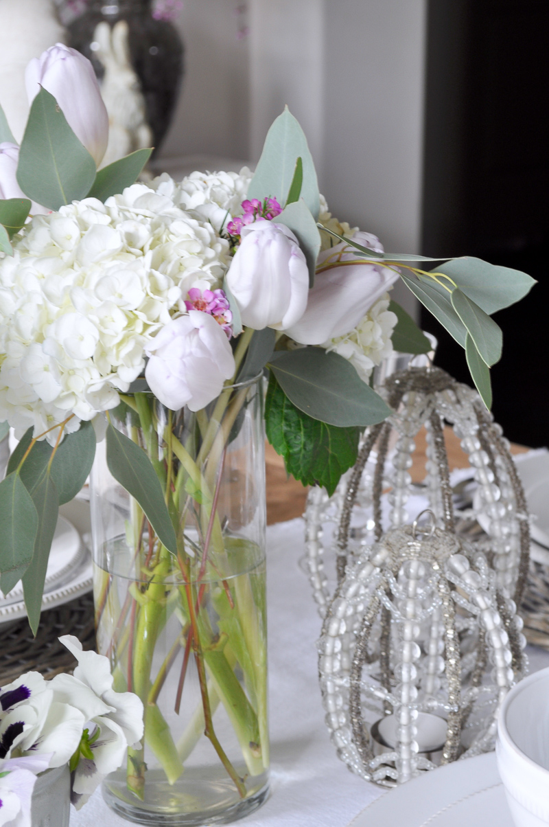 Easter Table Decor with White Hydrangeas and Tulips Pottery Barn