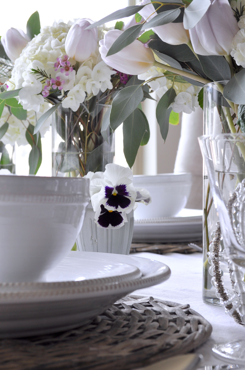 Easter Table Decor with White Hydrangeas Tulips Dinnerware