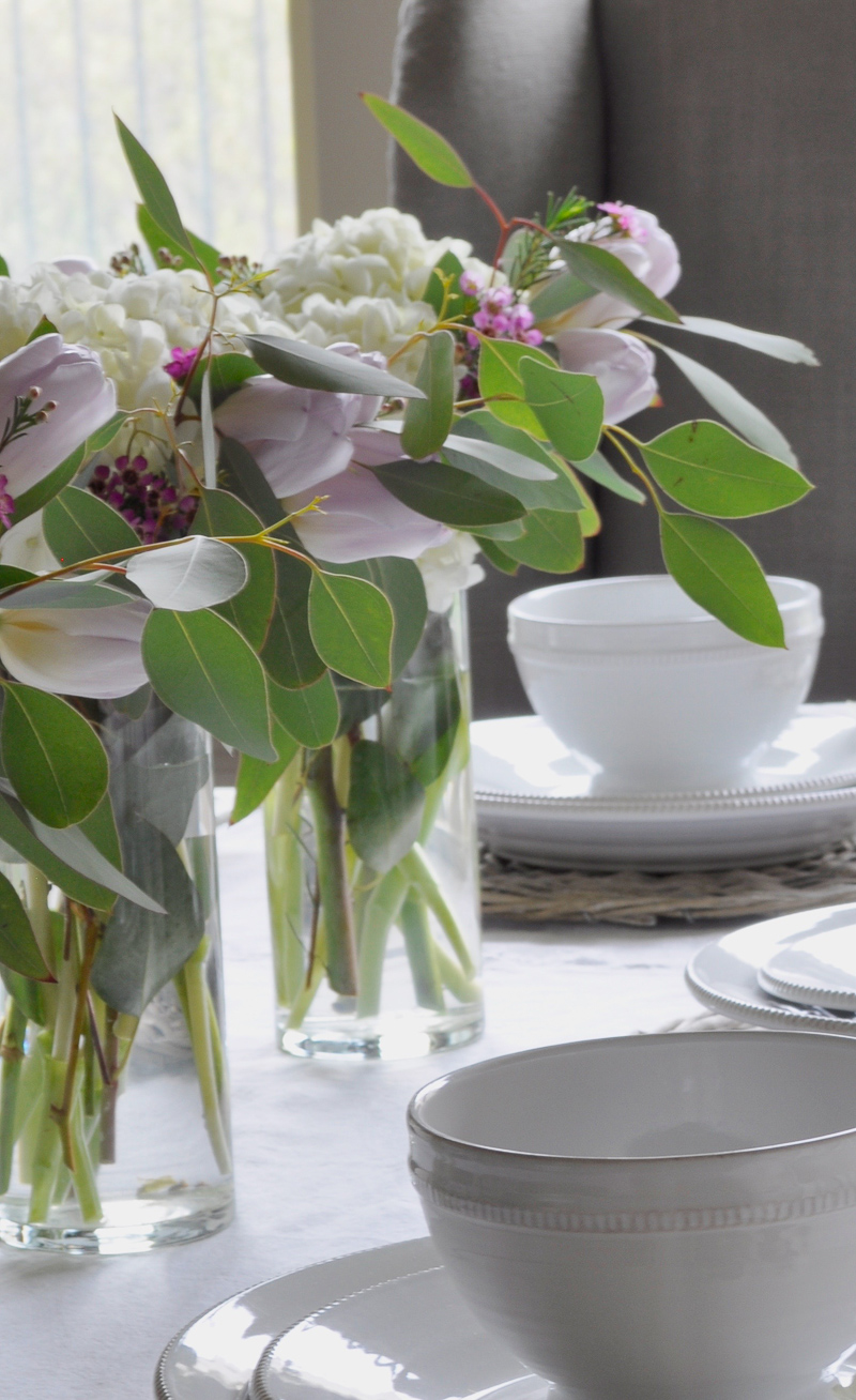 Easter Table Decorating for Easter with White Hydrangeas and Tul