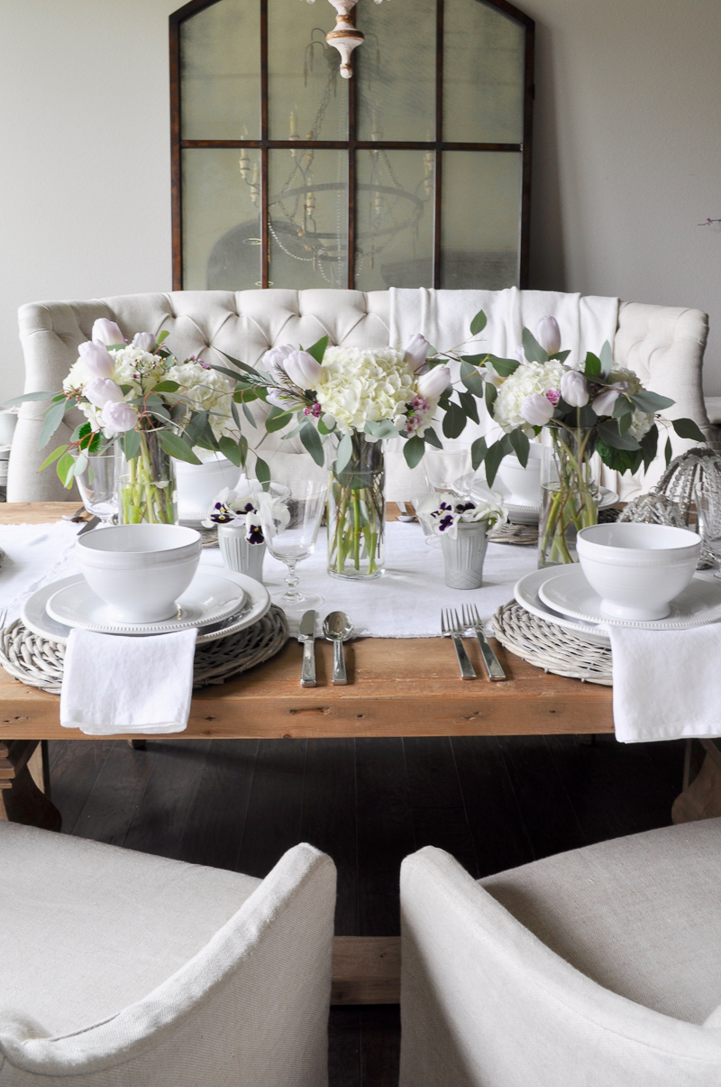 Easter Tablescape Decor with White Hydrangeas and Tulips