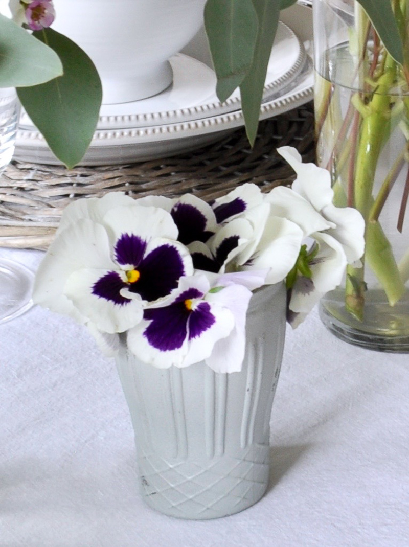 Easter Tablescape with Pansies in a Votive