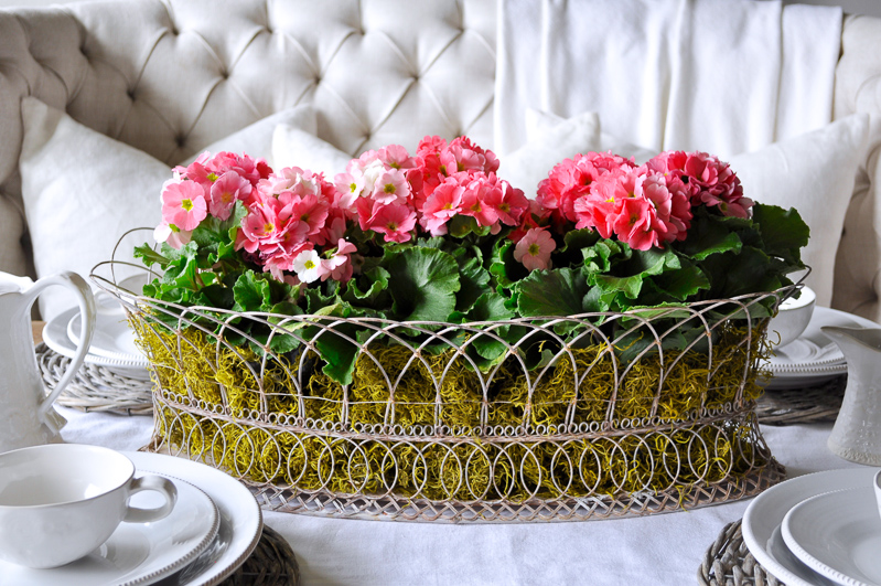 Floral Basket Spring Decor Dining Room with Tufted Settee and Wh