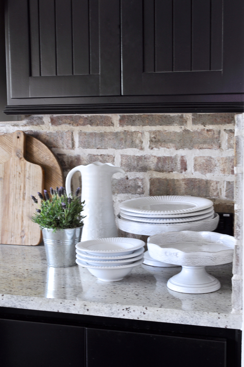 Kitchen Counters Styled with Cake Stands and Dinnerware