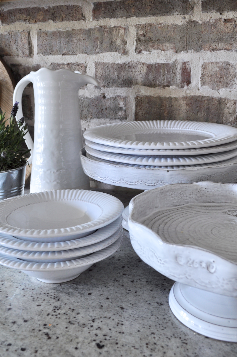 Kitchen Counters Styled with Cake Stands and Dinnerware