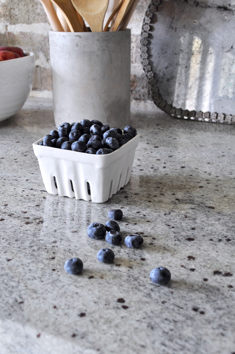 Kitchen Counters Styled with Cement Utensil Holder Gray Granite