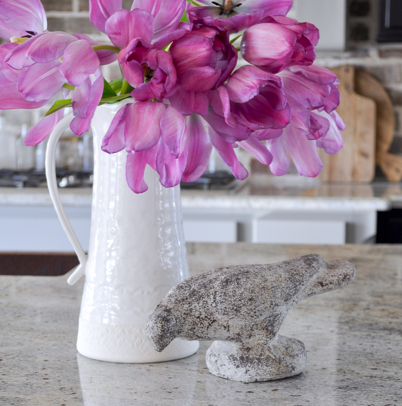 Pink Flowers in a White Pitcher Spring Decor Kitchen with Gray G