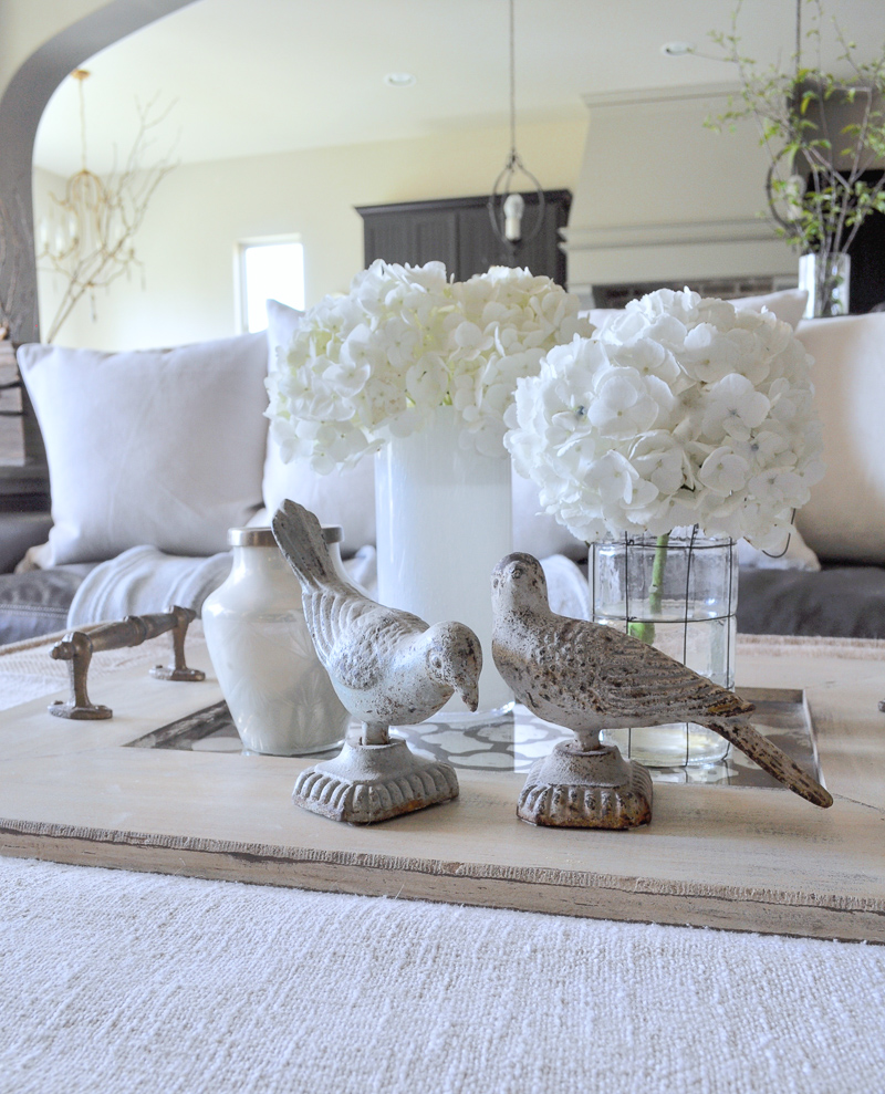 Spring Decorating Coffee Table Vignette with Hydangeas Birds and