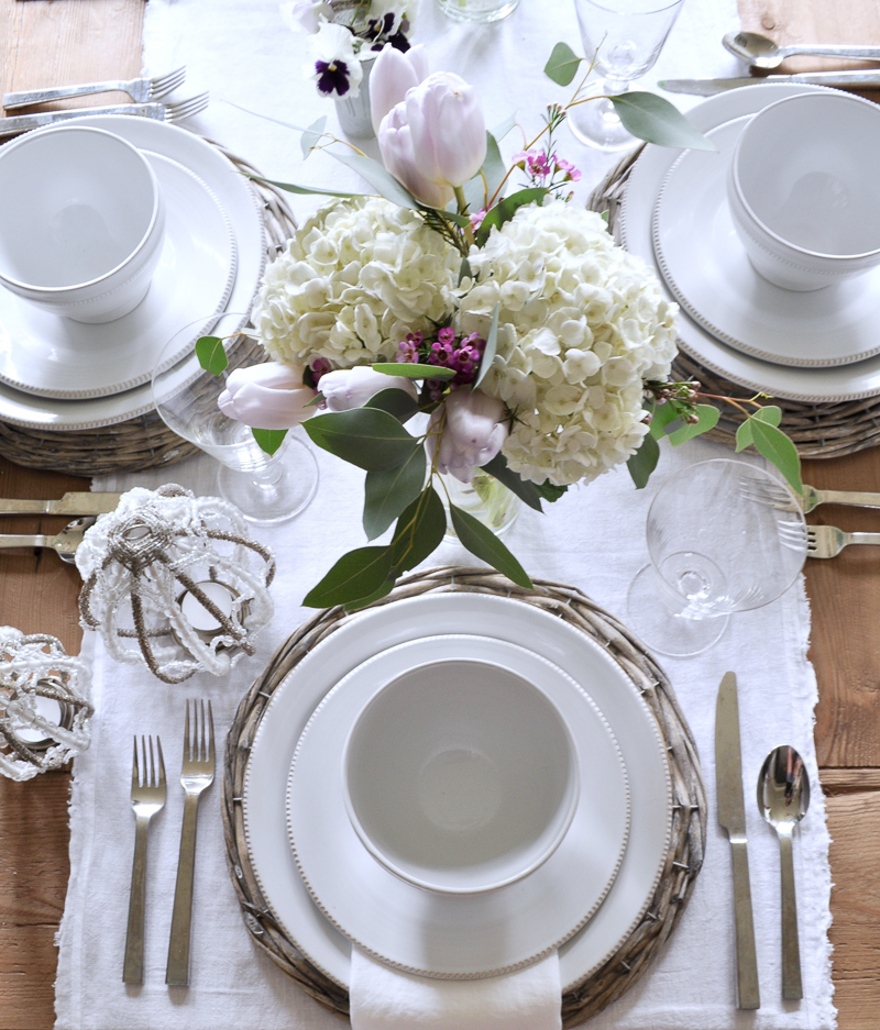 White Easter Table with White Dinnerware, Flowers and Linen Runn