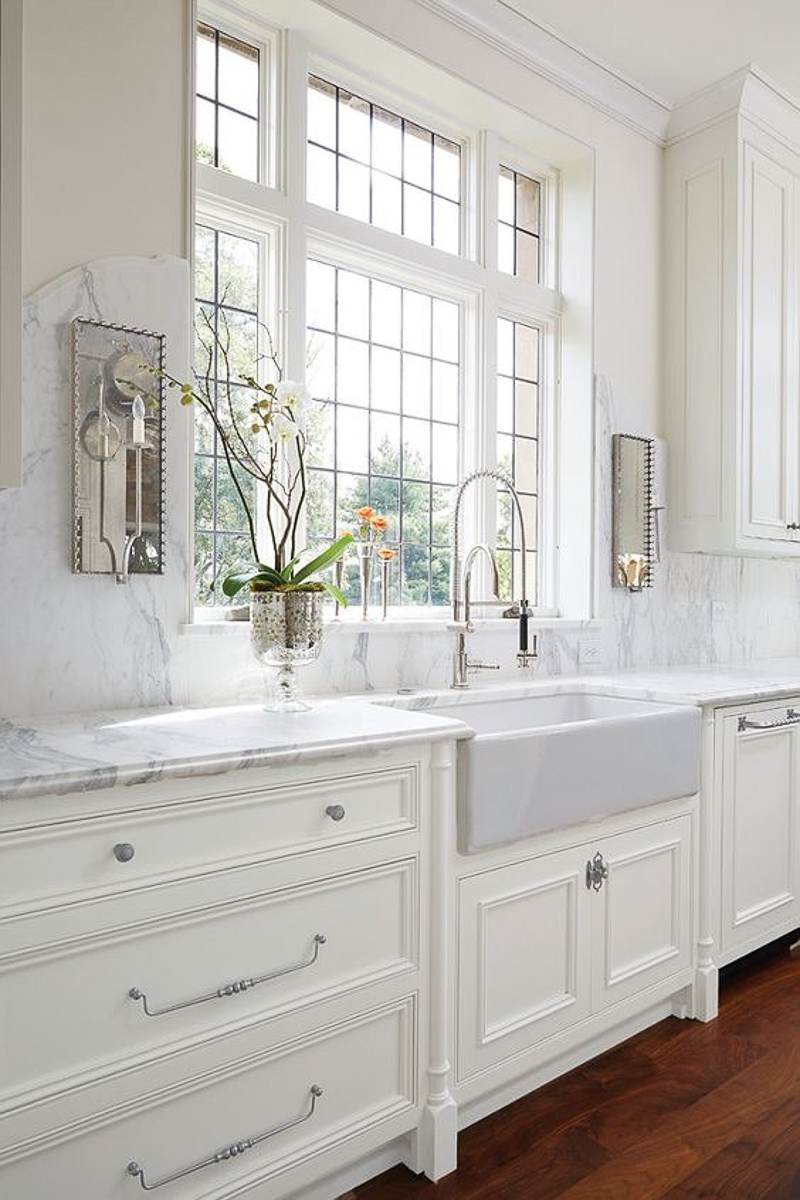 White Kitchen with Marble and Farm Sink