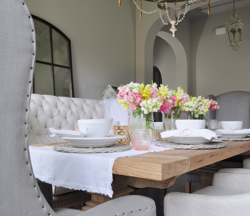 Spring Tablescape with White Pink and Yellow