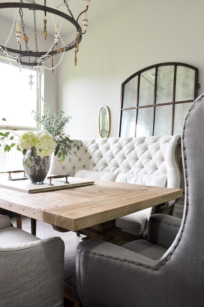 Dining Room Tour Tufted Settee and Farm Table