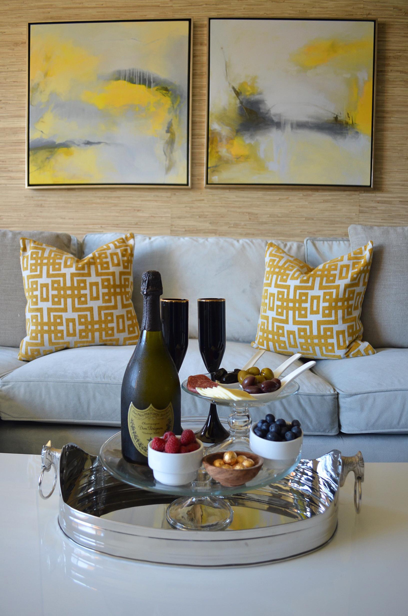 Cake Stand on Coffee Table with Champagne and Treats by Mod Max Glam_