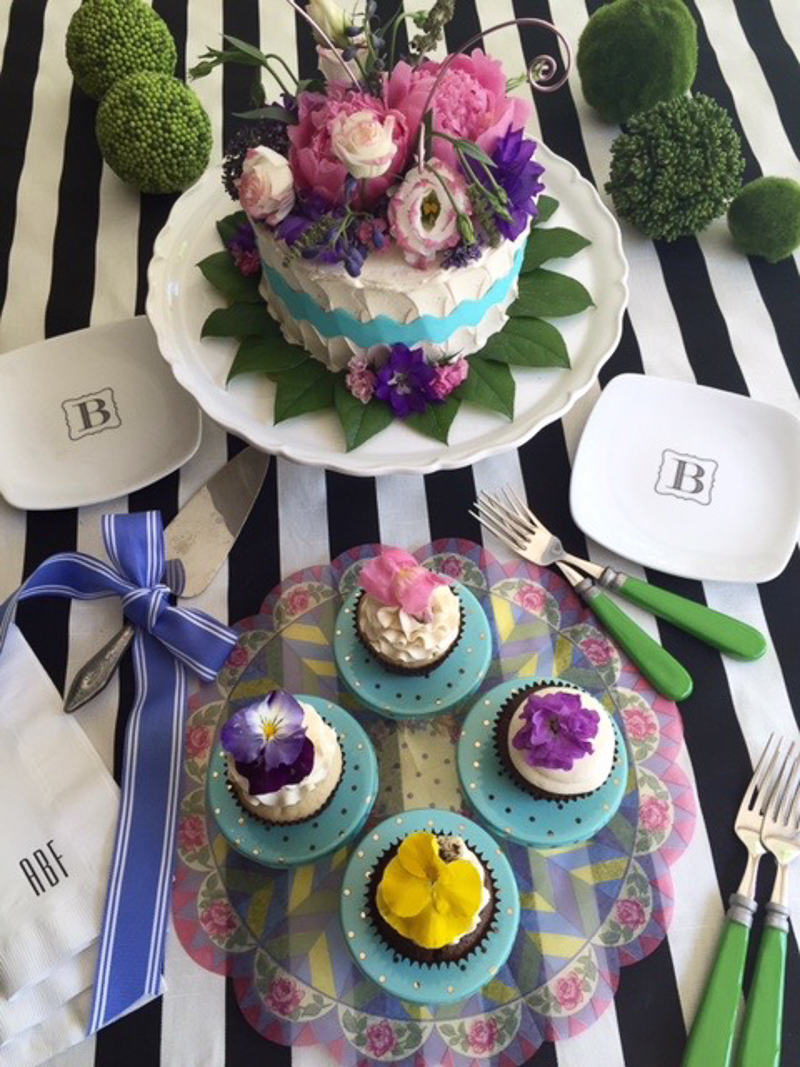 Cake Stand with Cake and Cupcakes Decorated with Beautiful Flowers_