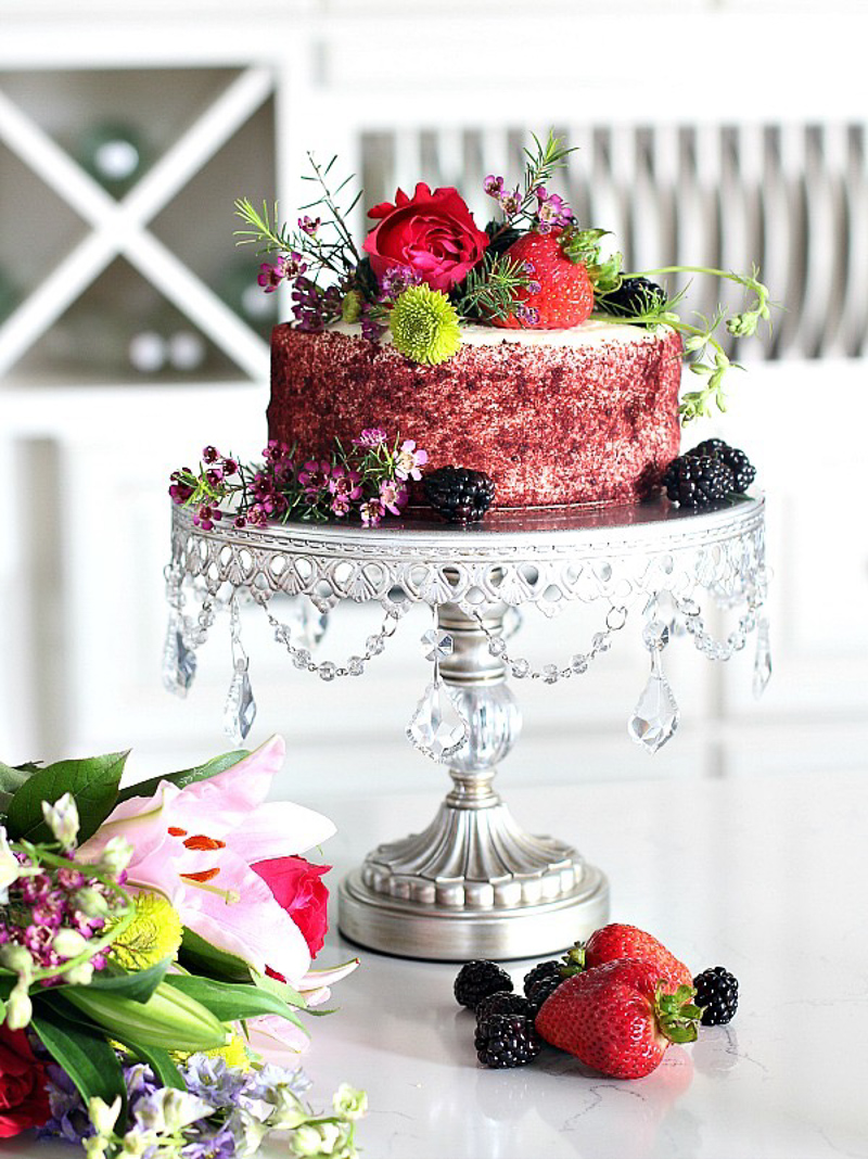 Cake Stand with Crystals Flowers and Fruit by The House of Silver Lining