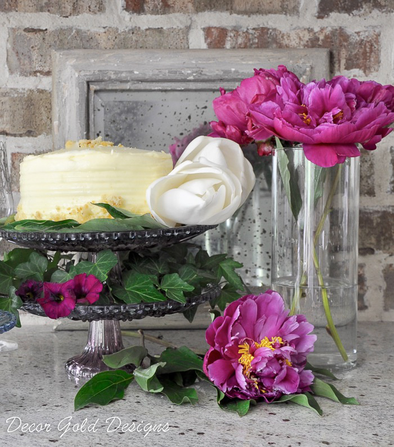 Cake Stand with Ivy Buttercream Cake and Peonies_