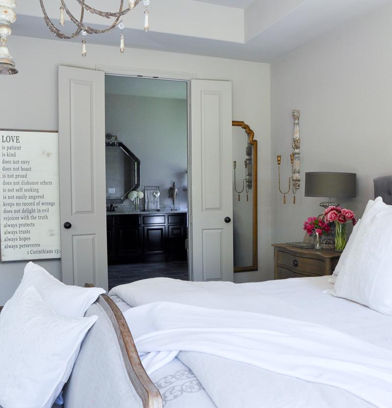 Romantic Master Bedroom and Bathroom with White Linens