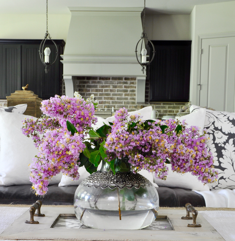 Gorgeous Statement Vase Full of Summer Pink Crepe Myrtles on a Coffee Table Tray