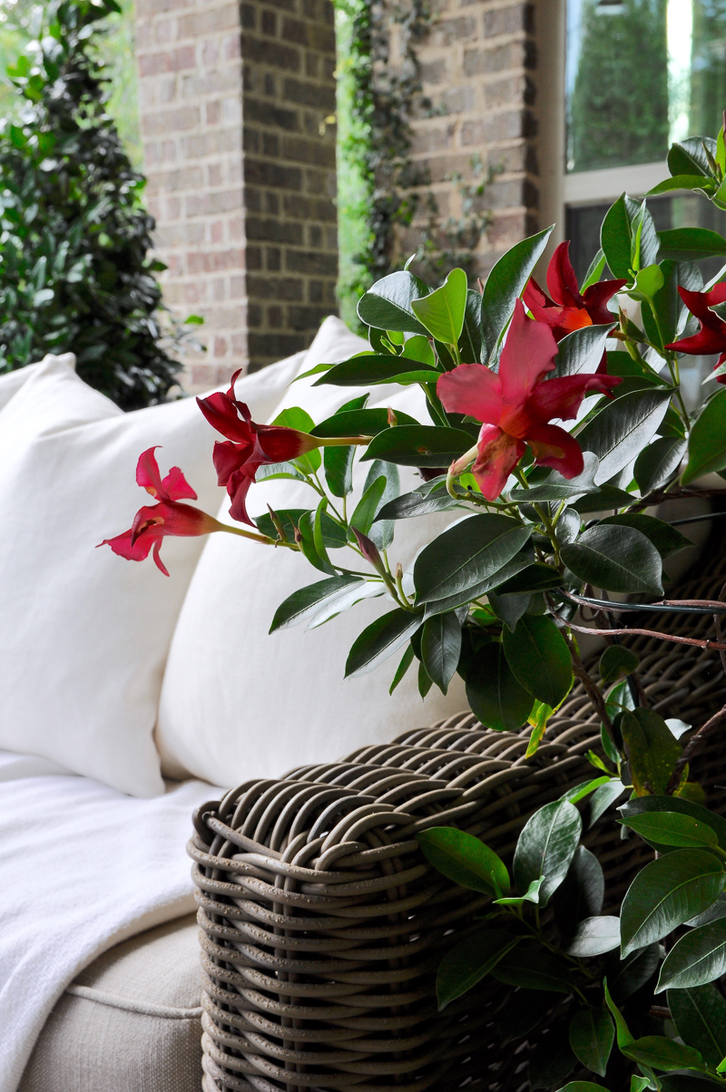 Summer outdoor patio party with flowers white linens and beautiful white and pewter dishes-8