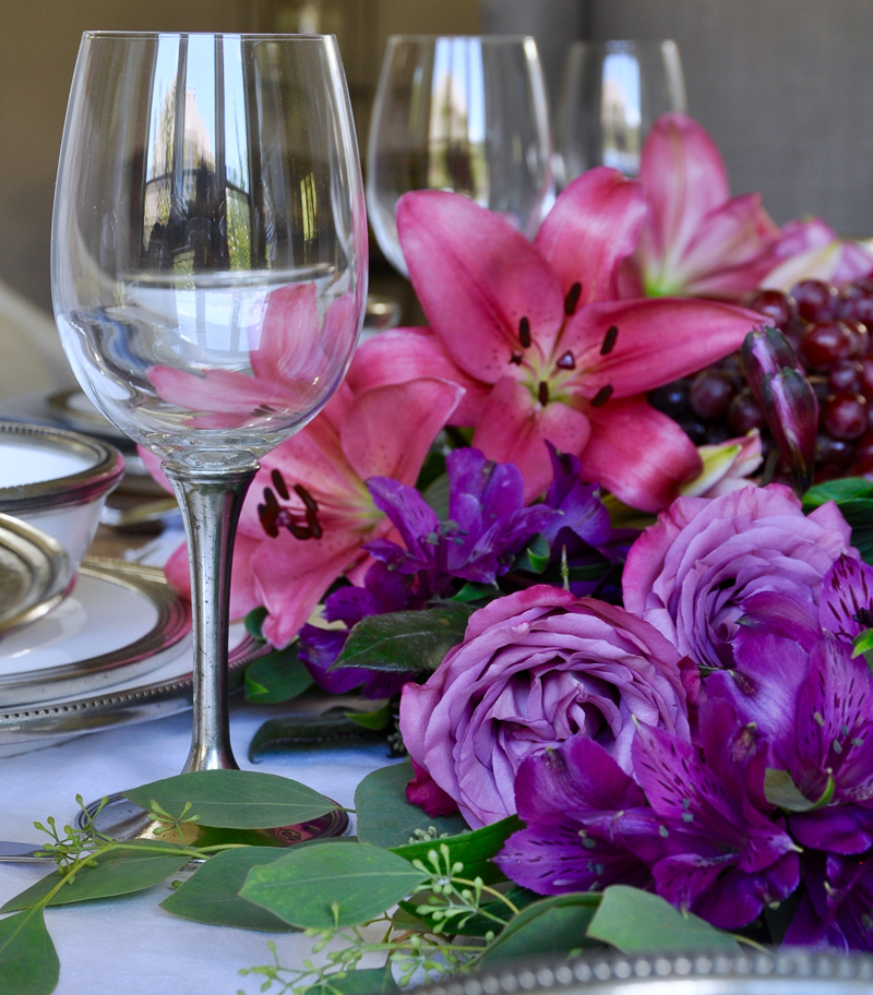 glass with pewter stem wine glasses set with jewel tone flowers_