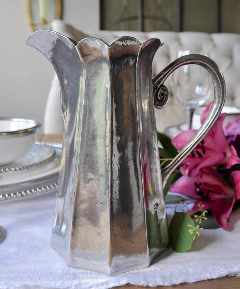 gorgeous pewter pitcher with scalloped edge_