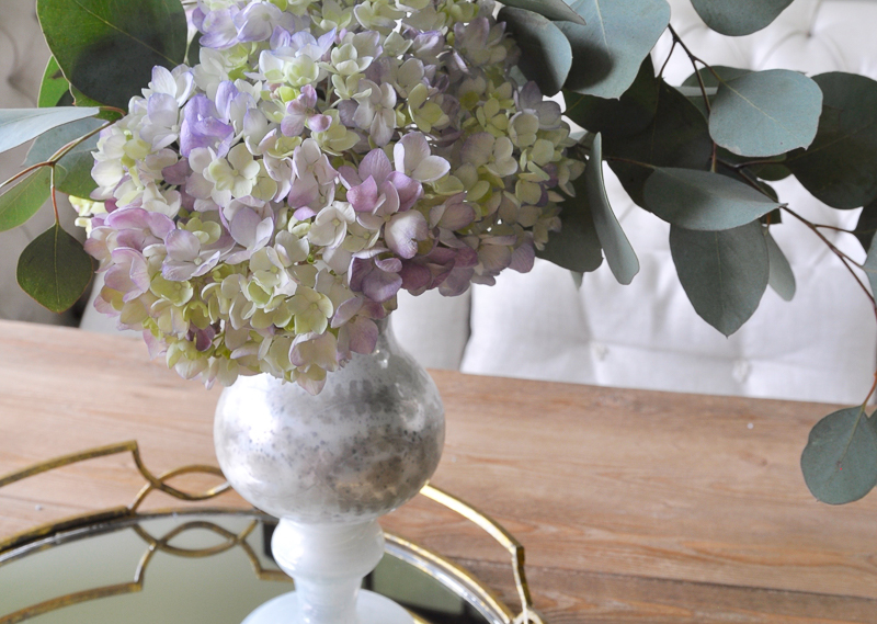 Beautiful gold tray with purple hydrangeas in dining room-2