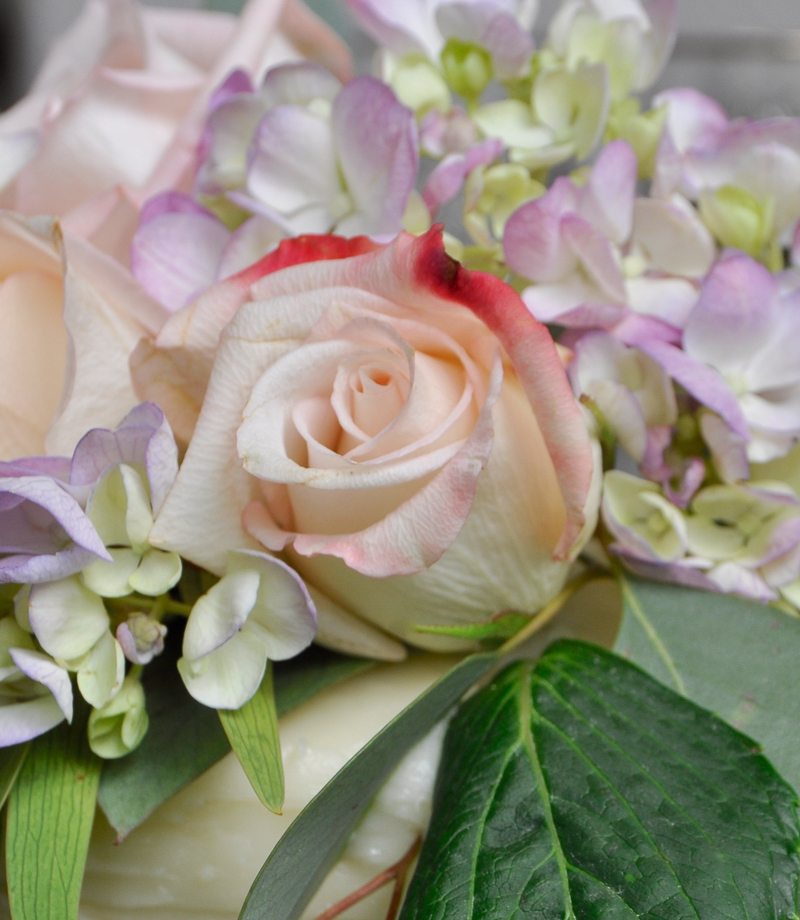 roses and hydrangeas on top of a cake_