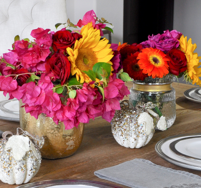 beautiful-bright-pink-and-yellow-bougainvillea-and-sunflowers-tablescape