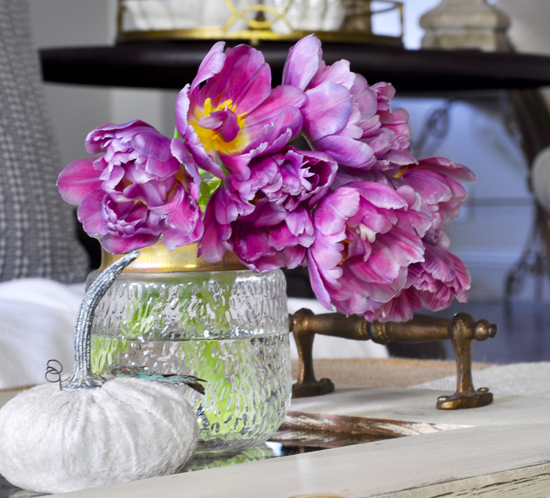 beautiful-fall-coffee-table-vignette-on-mirrored-tray-and-velvet-pumpkin