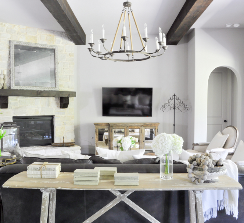 Cozy Living Room with Wood Beams_