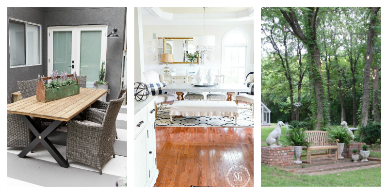 3 pictures of an outdoor deck, a dining room and a bench outside.