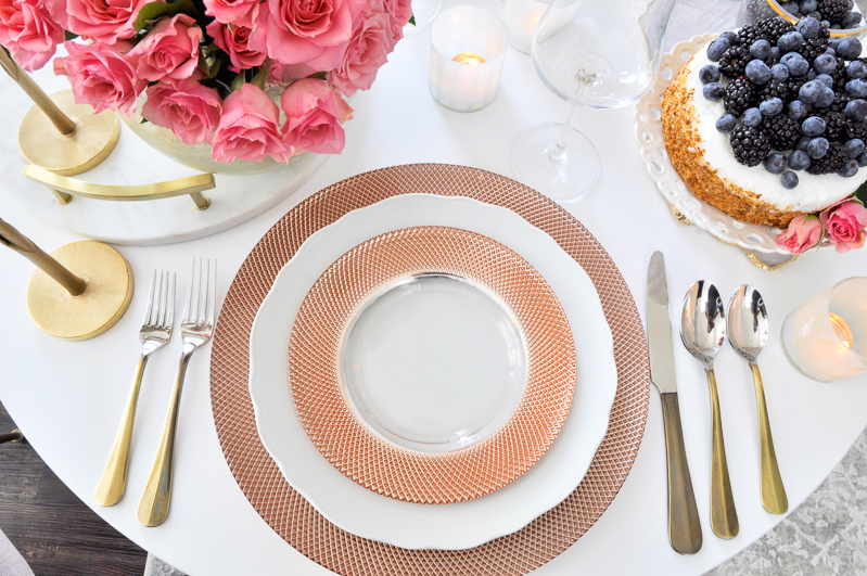 glam valentines table with rose gold dishes